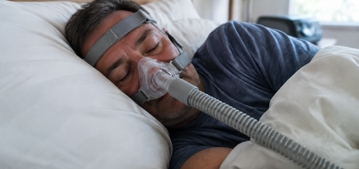 Homme endormi portant le masque CPAP dans le lit