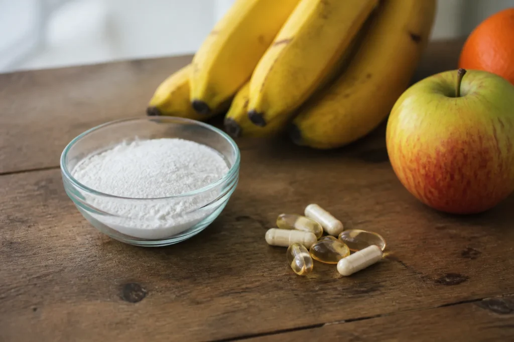 Bol de poudre blanche, gelules et fruits frais