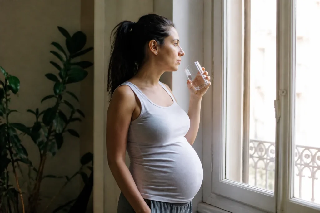 Femme enceinte tenant un verre d'eau pres d'une fenetre