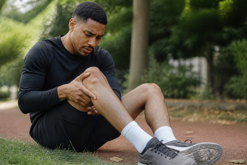 Homme en tenue de sport assis tenant sa cuisse