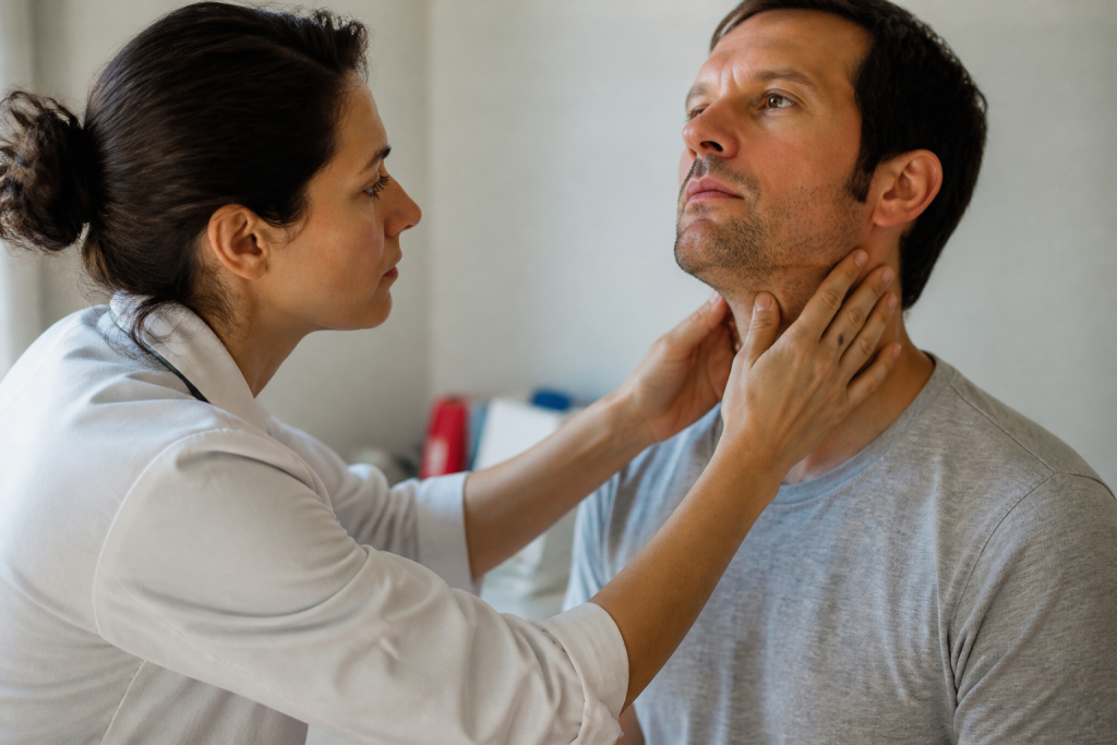 Médecin en blouse blanche palpant le cou dun patient