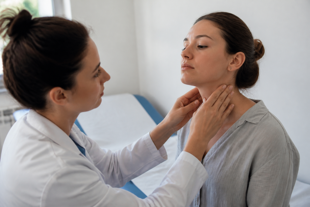 Medecin en blouse palpant le cou dun patient