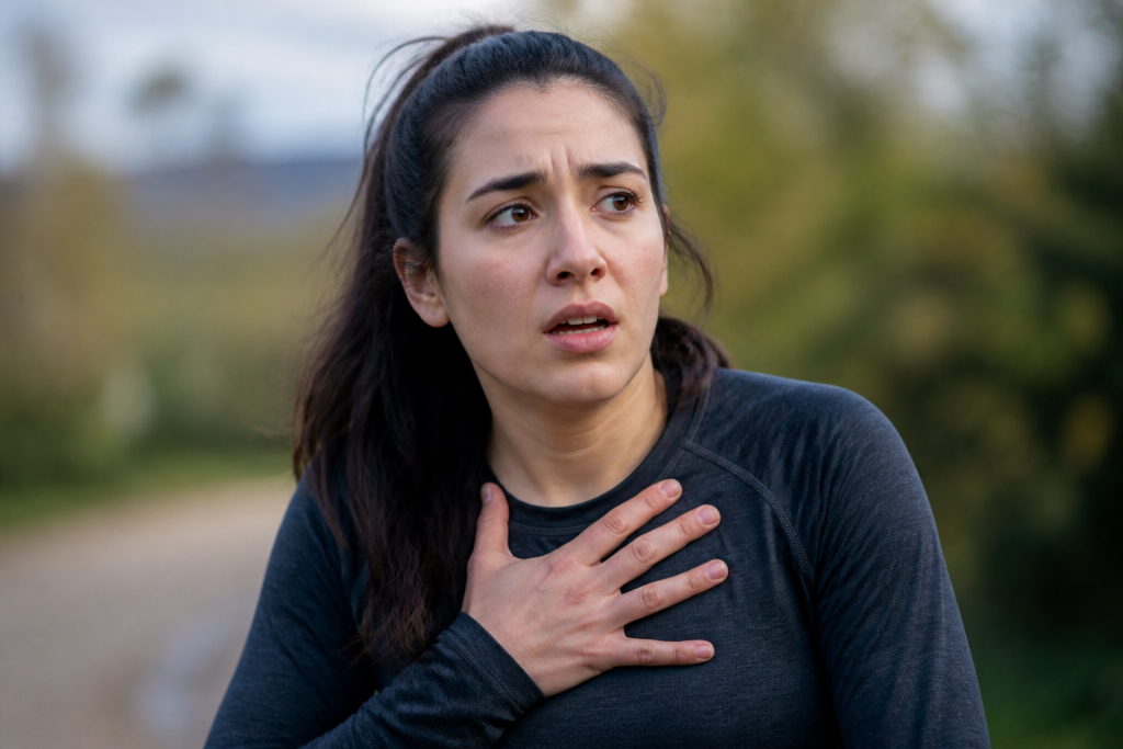 Personne en detresse main sur poitrine expression alerte