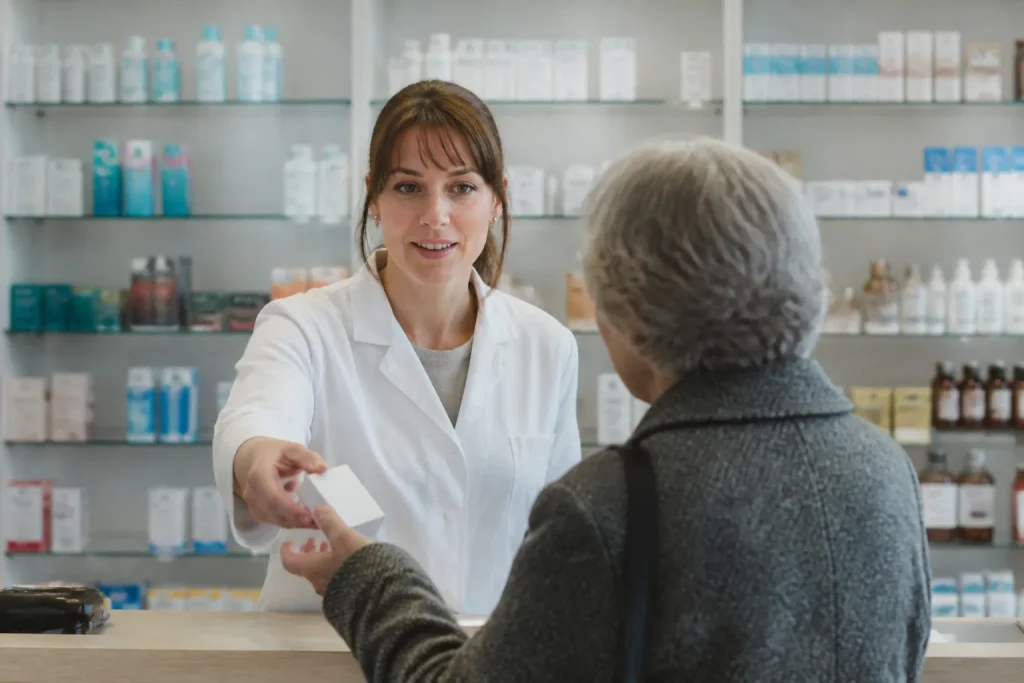 Pharmacienne tendant une boite de medicaments au comptoir
