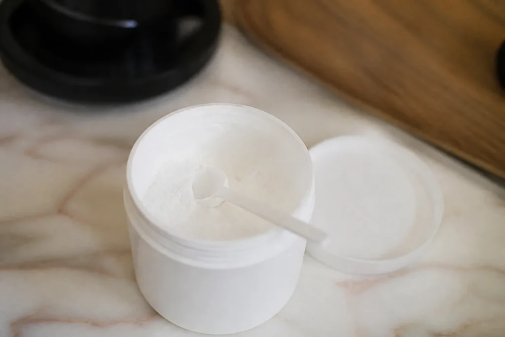Pot de poudre blanche avec cuillère doseuse sur comptoir